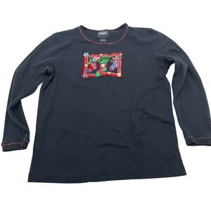 Studio Joy Womens Black Long Sleeve Christmas Stocking Embroidered Shirt Size S